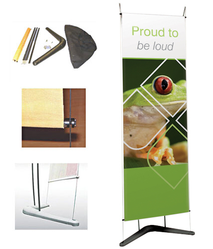 A popular and versatile tension wire banner system with a distinctively shaped foot that combines good looks with stability