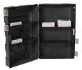 An easy-to-handle transport case on wheels that easily can be turned into a counter. Inside, there are four detachable shelves for storage.