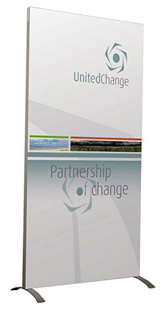 Graphic display stand that can be used on its own or as part of a larger display.