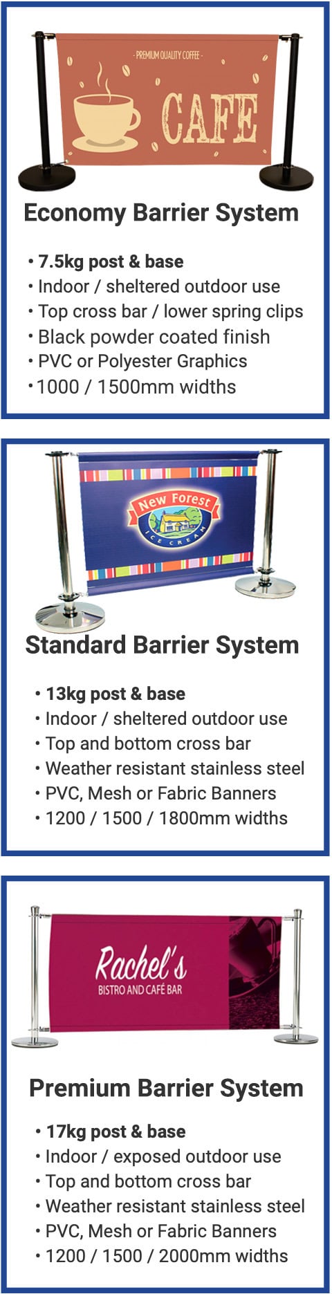 Overview of three distinct cafe barrier hardware options