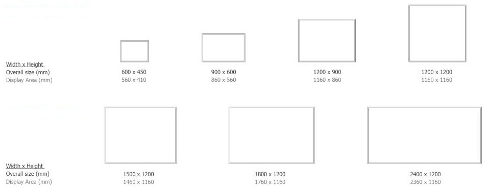 range of chalkboard sizes available with dimensions