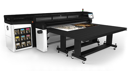 Flatbed R2000 latex printer in action, printing vibrant graphics