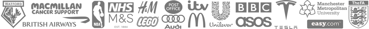 Image displaying a collection of our client's logos. Clientele includes well-known brands and organisations such as Watford FC, Macmillan Cancer Support, British Airways, NBA, NHS, M&S, H&M, Lego, Post Office, Audi, ITV, McDonalds, Unilever, BBC, ASOS, and Tesla.