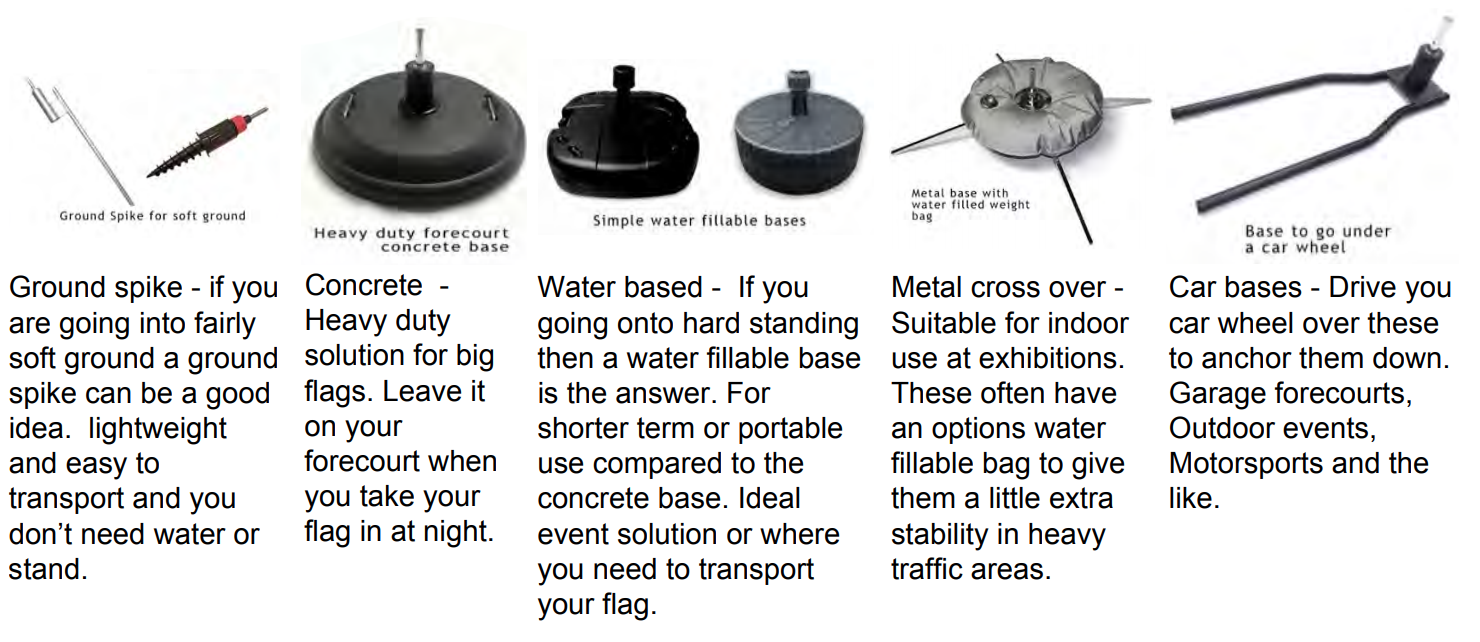 Various base options for stable feather flag setup