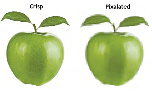 Explainer on the importance of image resolution showing a crisp vs. pixelated apple image
