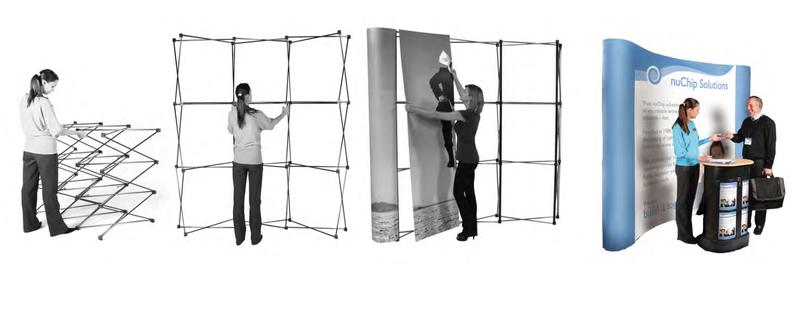 Visual assembly guide for setting up a popup exhibition stand and adding the graphic
