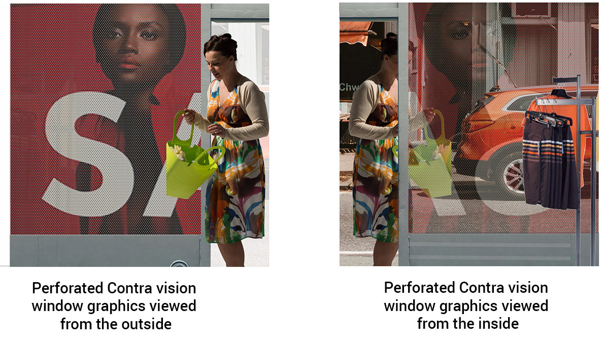 perforated contra vision window graphic, see out while providing privacy from outside eyes