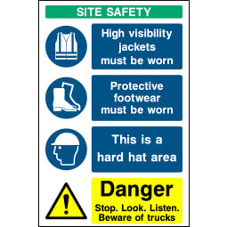 Multi Message Site Safety Danger Stop Look Listen Signs - Pack of 6 | Correx | Foamex | Dibond | Vinyl