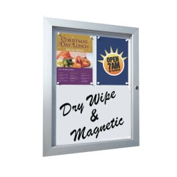 Dual purpose lockable notice board with magnetic and dry-wipe surface