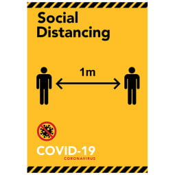 Social Distancing 1m Yellow/Black - Pack of 10 - A2 Poster or Sticker