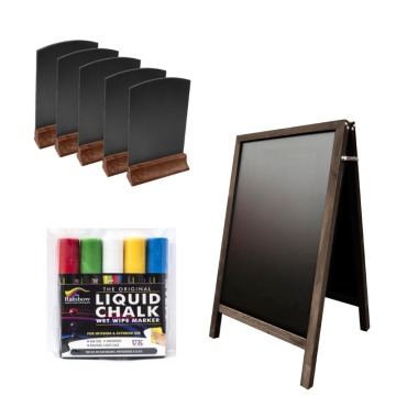 Bundle with Wooden Tabletop Chalkboard, Wooden Chalkboard Pavement Sign, and 5 Colour Liquid Chalk Pens