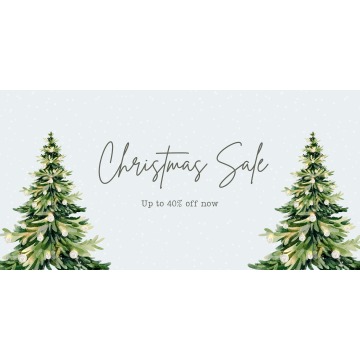 'Christmas sale, up to 40% off now' with a blue snowy background and two painted Christmas trees