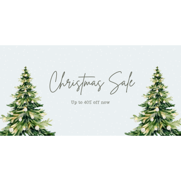 'Christmas sale, up to 40% off now' with a blue snowy background and two painted Christmas trees