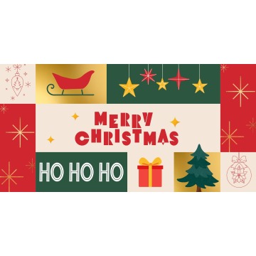 'Merry Christmas' on a collage of red and green coloured blocks and icons