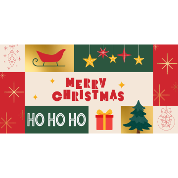 'Merry Christmas' on a collage of red and green coloured blocks and icons