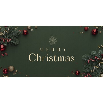'Merry Christmas' on a forest green background wine pine and baubles