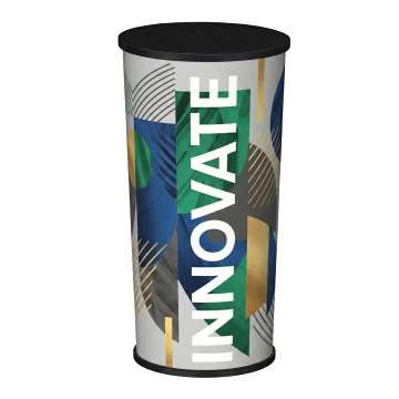 Round portable flat-pack display plinth with custom graphics
