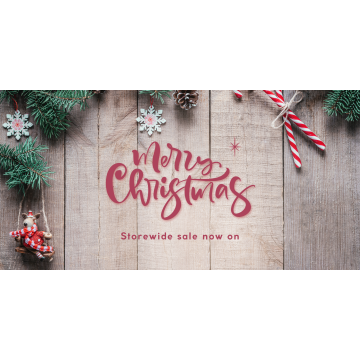 'Merry Christmas, storewide sale now on' on a wooden background'