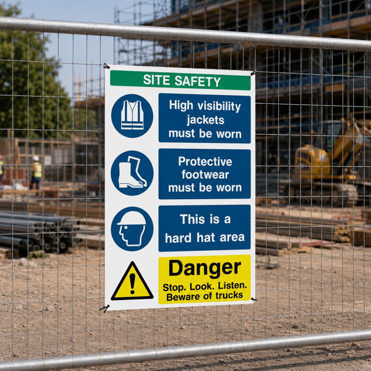 Multi Message Site Safety Danger Stop Look Listen Signs - Pack of 6 | Correx | Foamex | Dibond | Vinyl