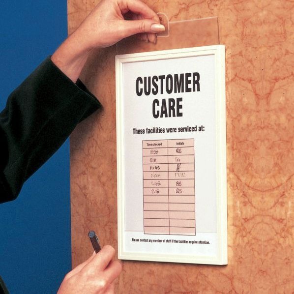 Plastic sign frames with adhesive fixings and coversheet