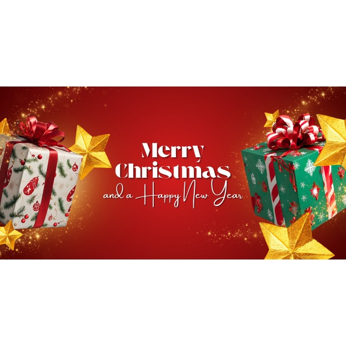 'Merry Christmas and a Happy New Year' on a red background with two large presents and gold stars