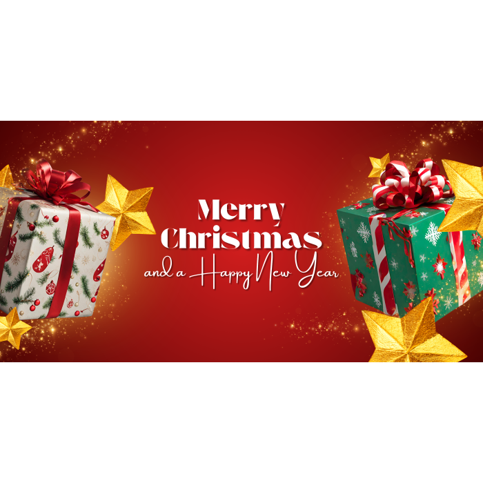 'Merry Christmas and a Happy New Year' on a red background with two large presents and gold stars