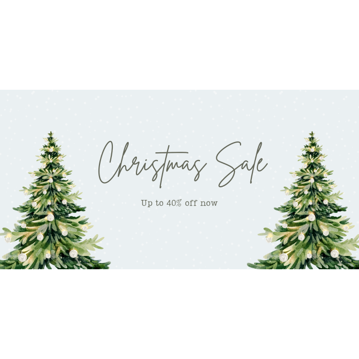 'Christmas sale, up to 40% off now' with a blue snowy background and two painted Christmas trees