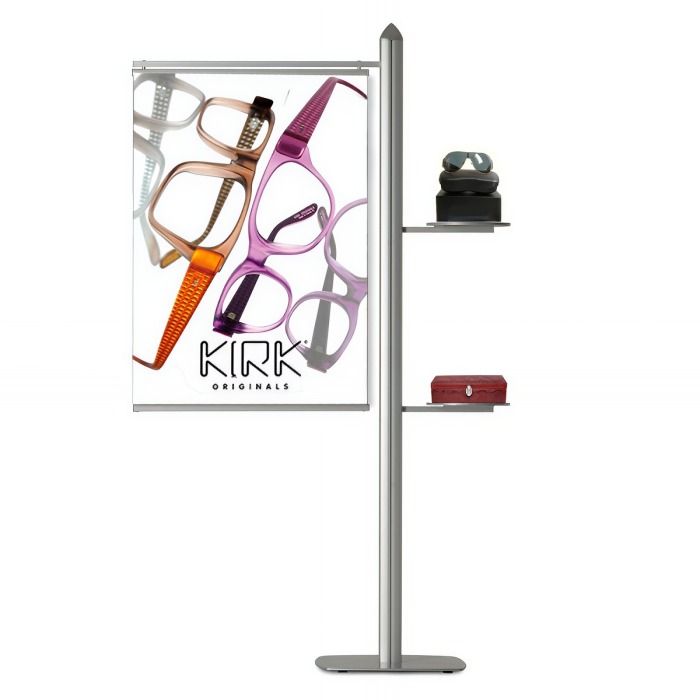 retail display stand with double sided poster and twin shelves