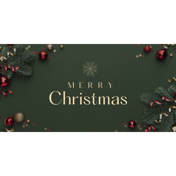 'Merry Christmas' on a forest green background wine pine and baubles