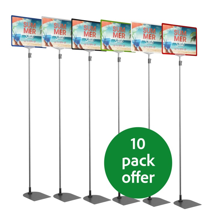 Height-adjustable showcard holder in 6 colour options.A3 or A4