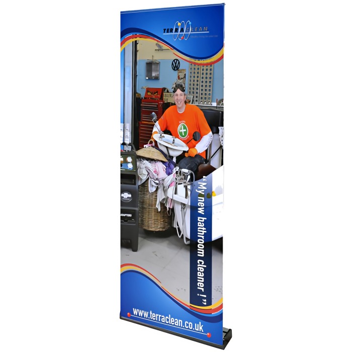 Sidewinder pull-up roller banner stand with full colour printed graphic