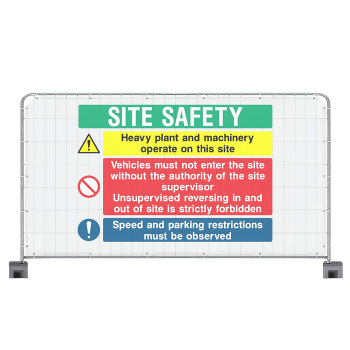 Heras fence banner with a site safety message